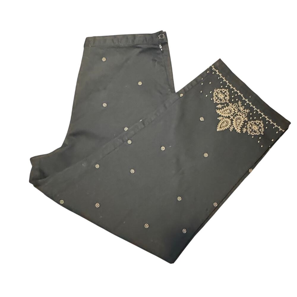 Coldwater Creek Black Embroidered Wide Leg Pants Petite Large Boho Stretch - Picture 7 of 9